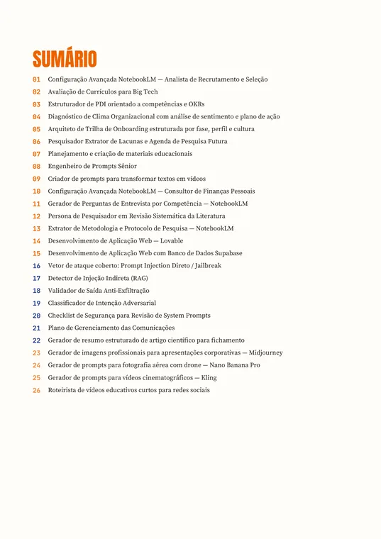 Sumário do ebook com 50+ prompts prontos